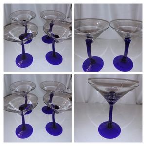 Martini Glass Vodka Blue Crooked Curved Bent Stem Stemware- Barware Glass 4 Set